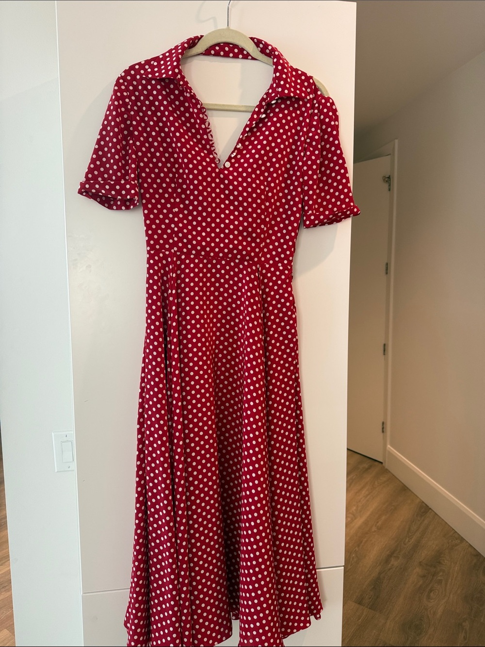 Anouki Red Polka Dot Fit-and-Flare Dress with collar and open back